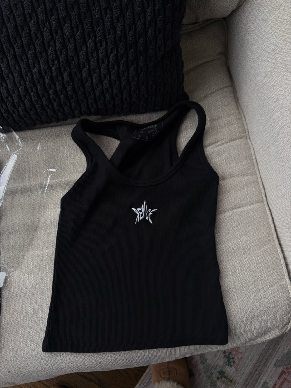 REVICE Black Ribbed Racerback Tank with White Logo